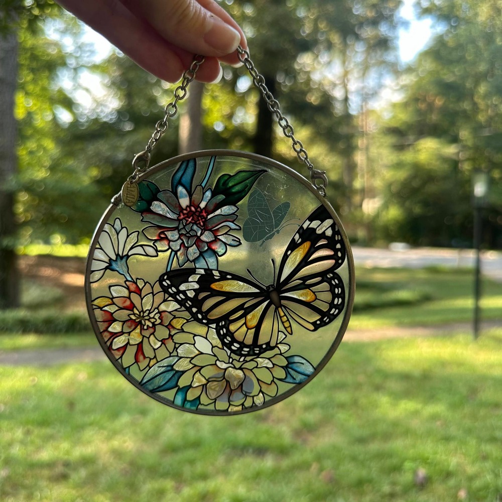 Vintage AMIA Hand Painted Glass Monarch Butterfly Floral Suncatcher 4.5" Round
